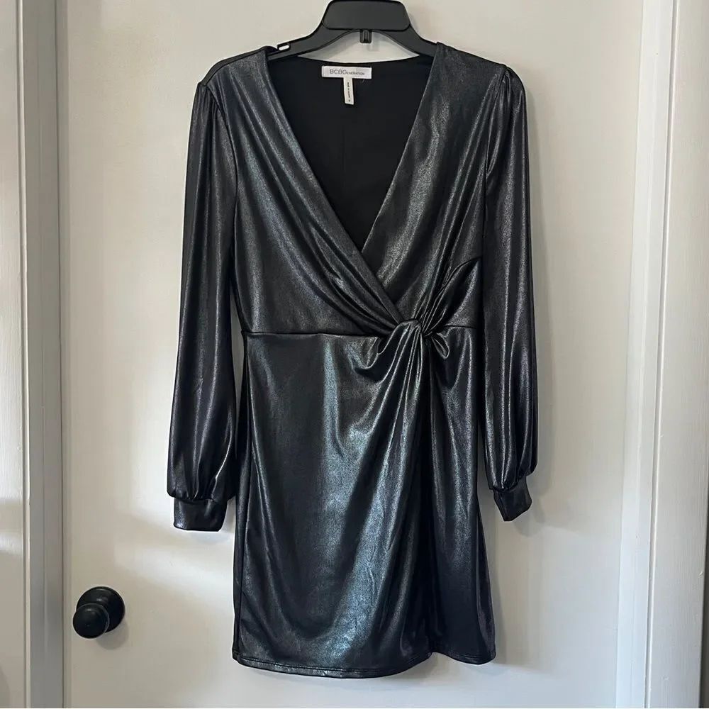 BCBG Generation Silver Black Sheen Long Sleeve Short Dress Small